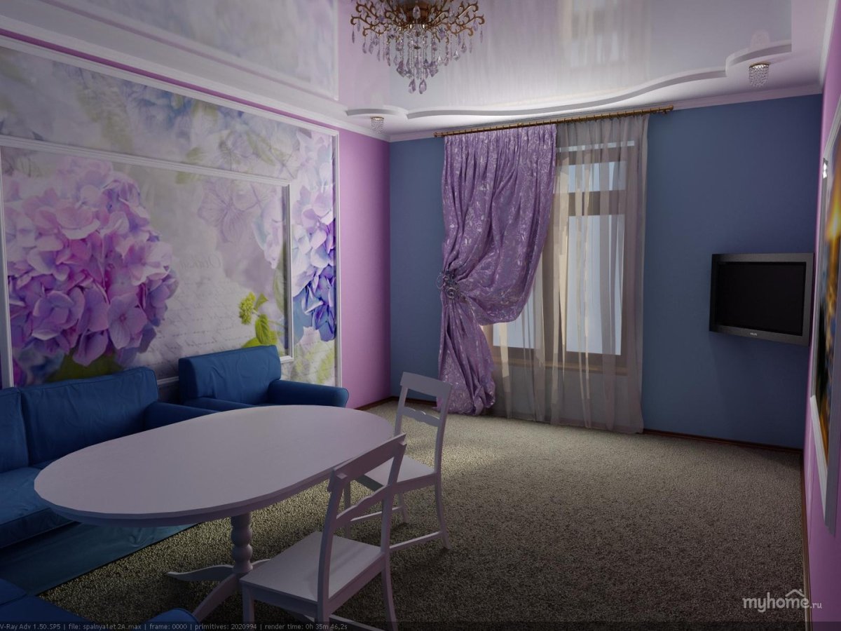 Сиреневые фотообои в интерьере гостиной