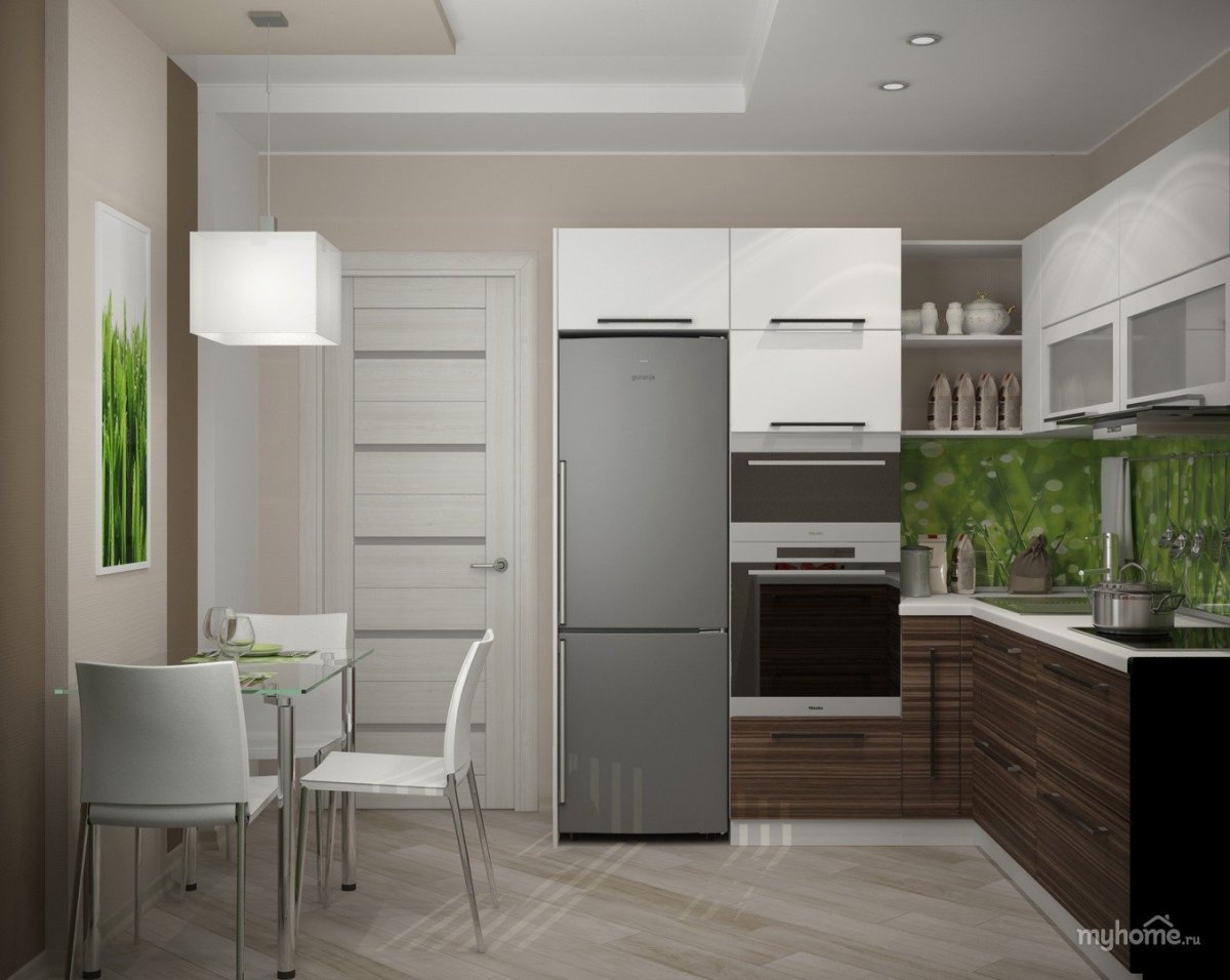 Белая кухня с серым холодильником