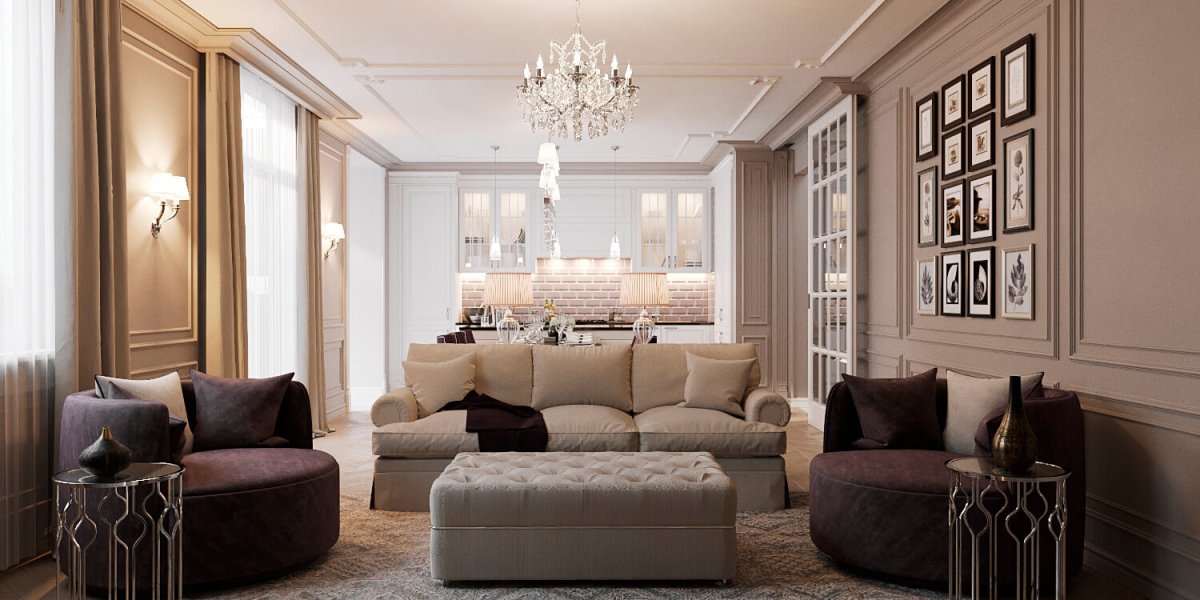 Кухня гостиная в пастельных тонах