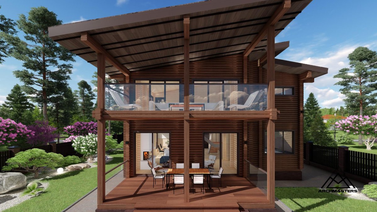 Баня с односкатной крышей и террасой и зоной барбекю