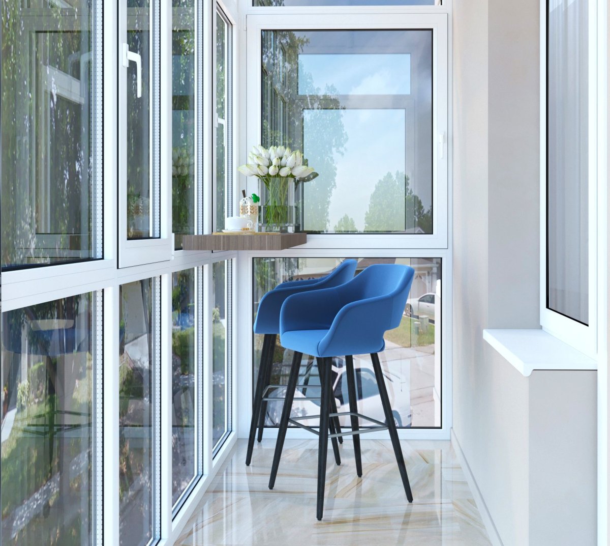 Барная стойка на балконе с панорамным остеклением