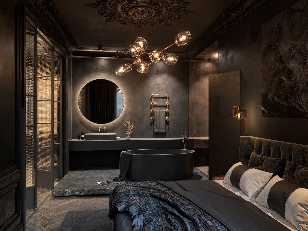 Примеры использования чёрного цвета в интерьере спальни - сочетания, стили, освещение, 50 фото