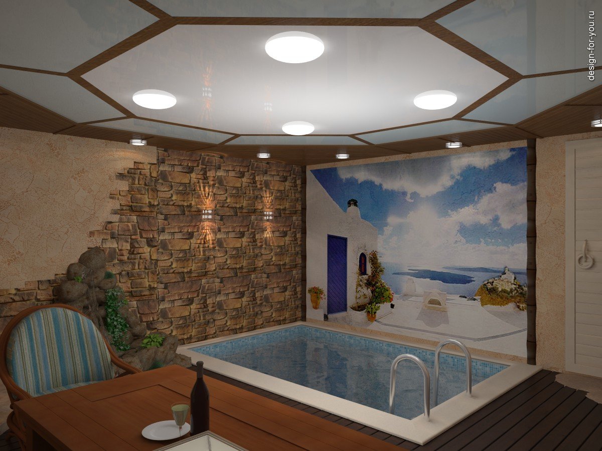 дизайн сауны и комнаты отдыха с бассейном