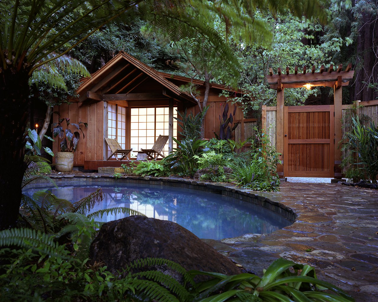 Садик с бассейном. Красивые бассейны на даче. Домик у пруда. Дом у пруда. Баня в тропическом стиле.