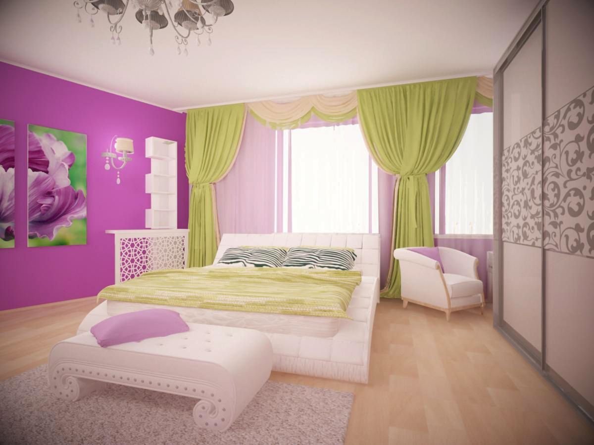 Спальня в зелено фиолетовых тонах
