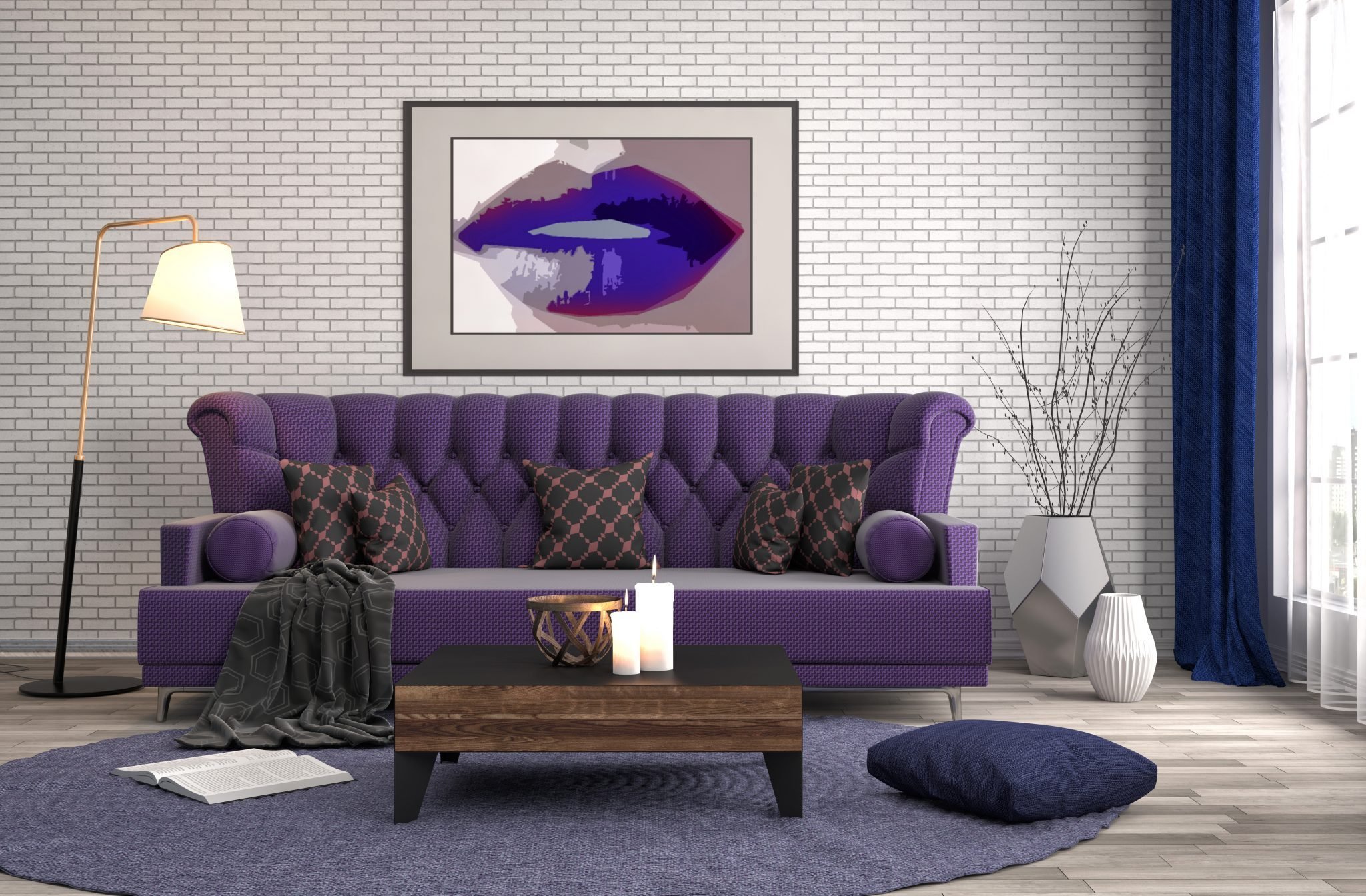 Фиолетовый диван в интерьере - 76 фото
