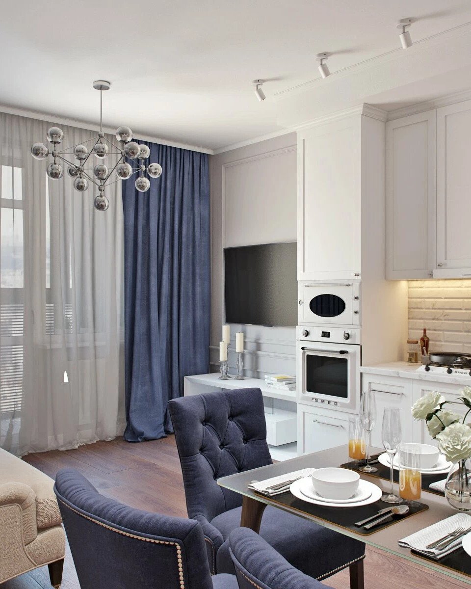 Шторы в гостиную совмещенную с кухней: выбор стиля и зонирование интерьера, фото