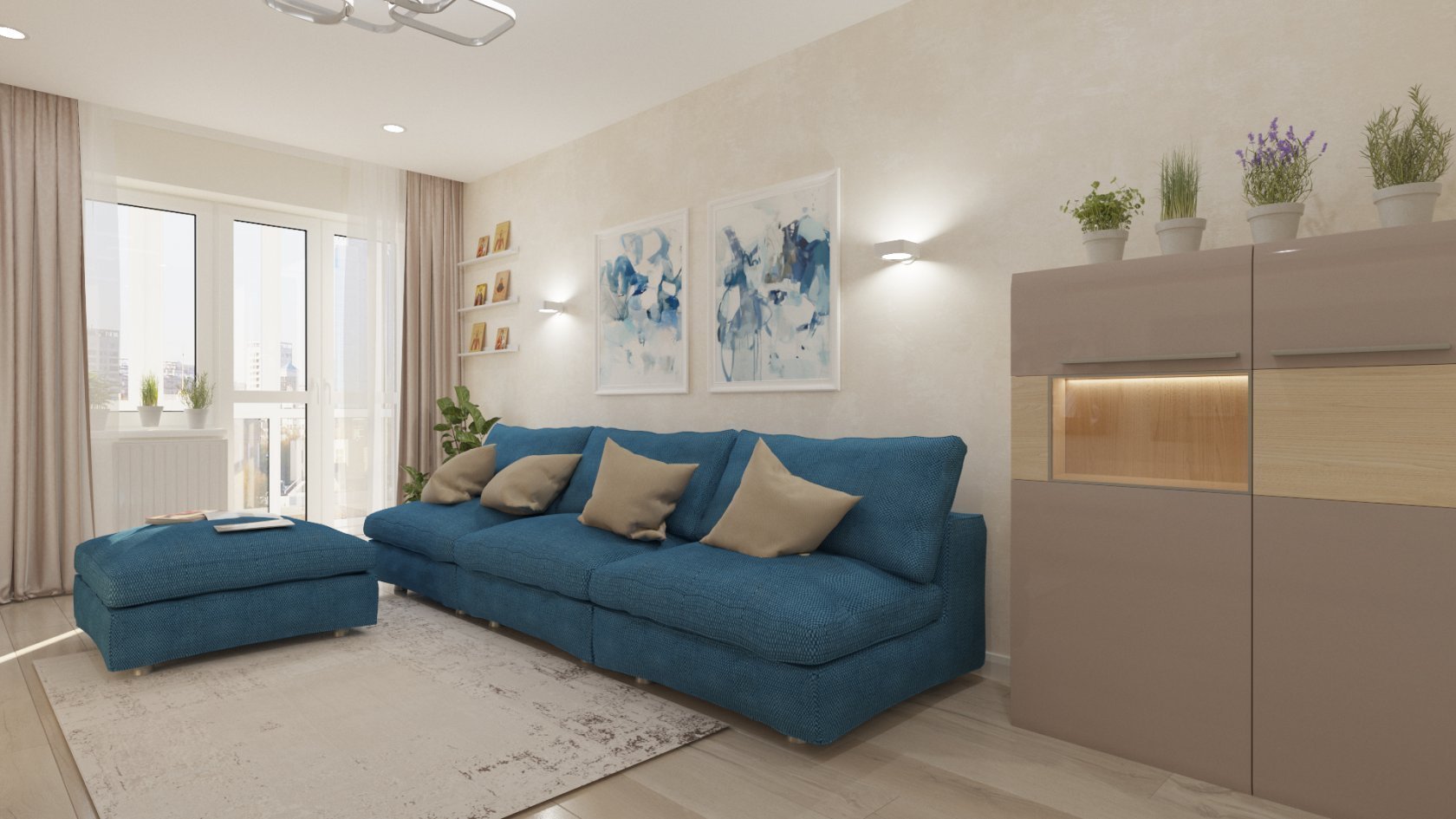 Синий диван в бежевом интерьере гостиной - 80 фото