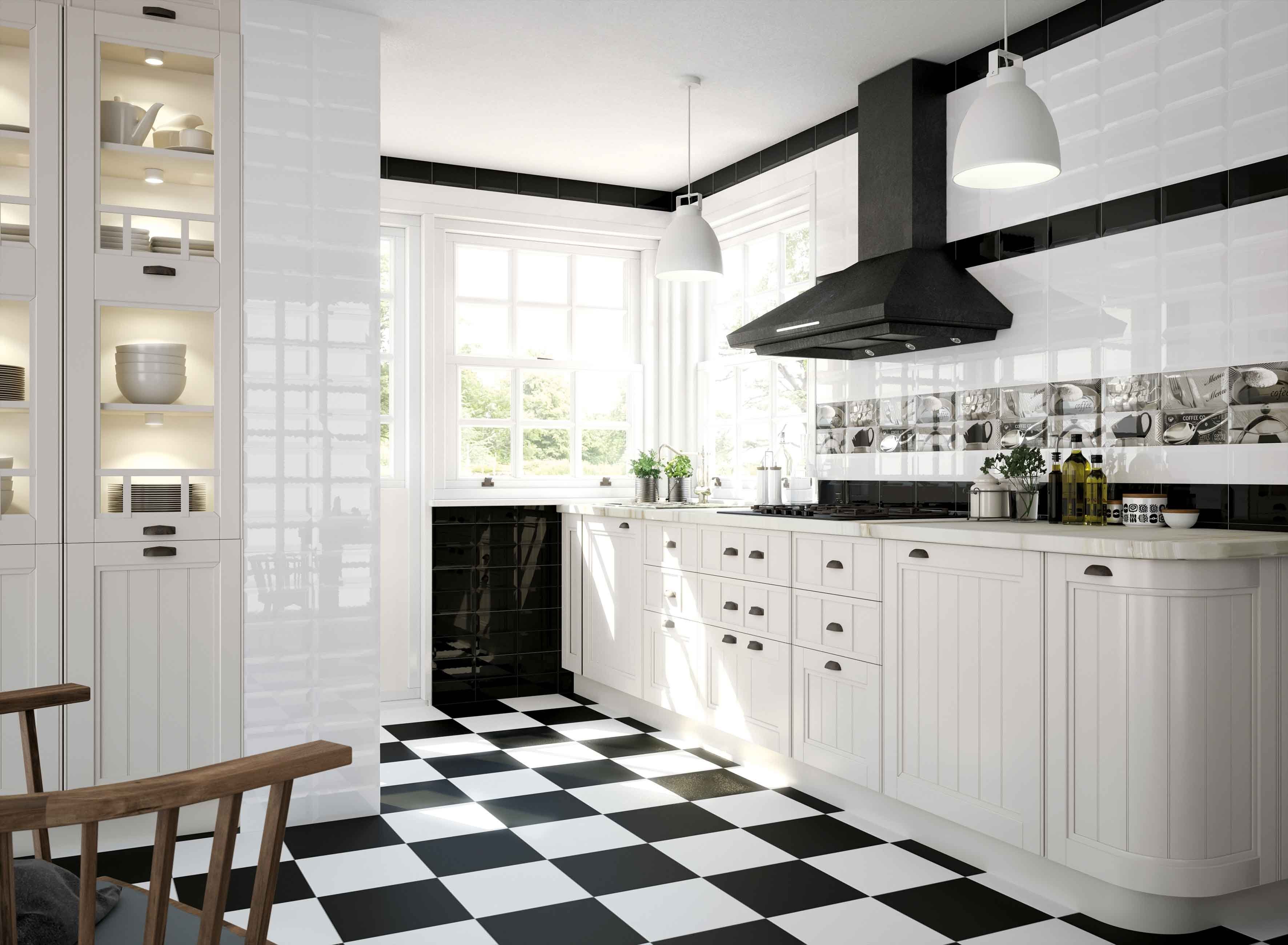 варианты укладки черной и белой плитки на кухне