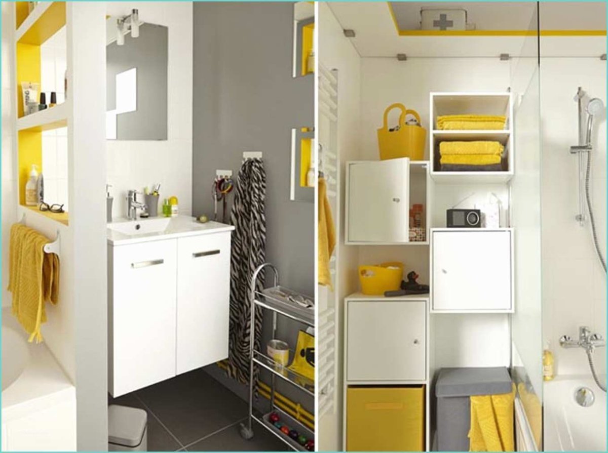 Темно-серая с желтым мебель ванной комнате