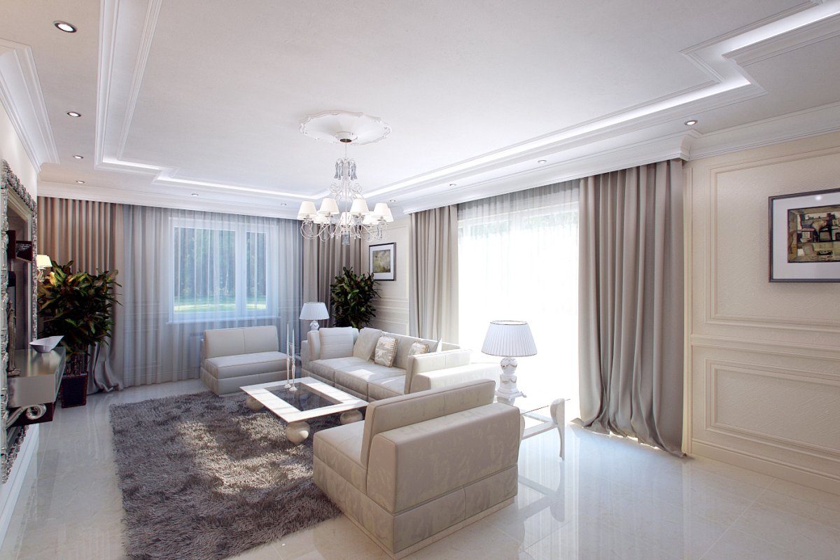 Интерьер зала в частном доме с двумя окнами