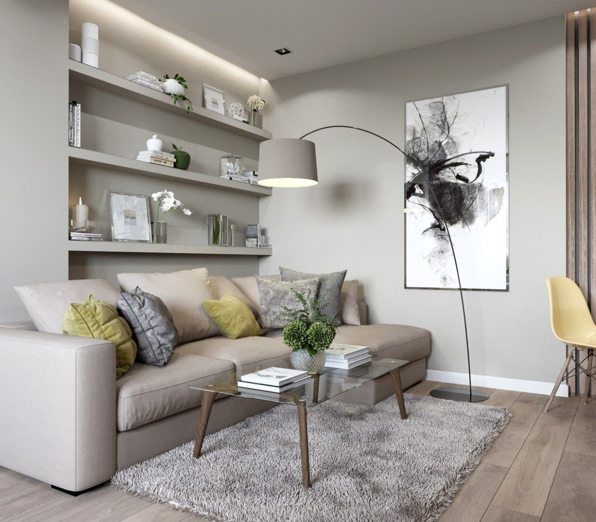 Полочки над диваном в гостиной