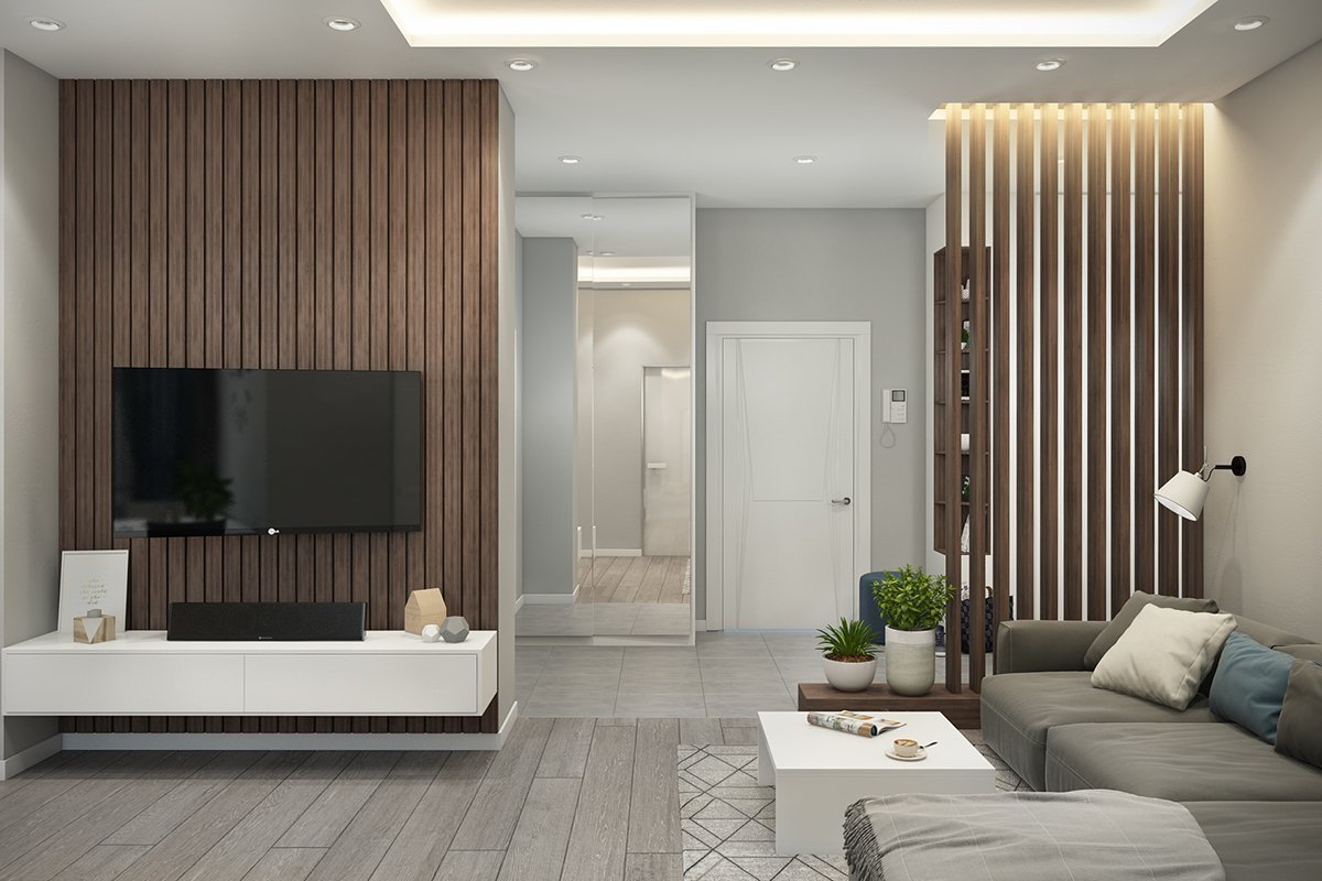 Гостиная с деревянными рейками