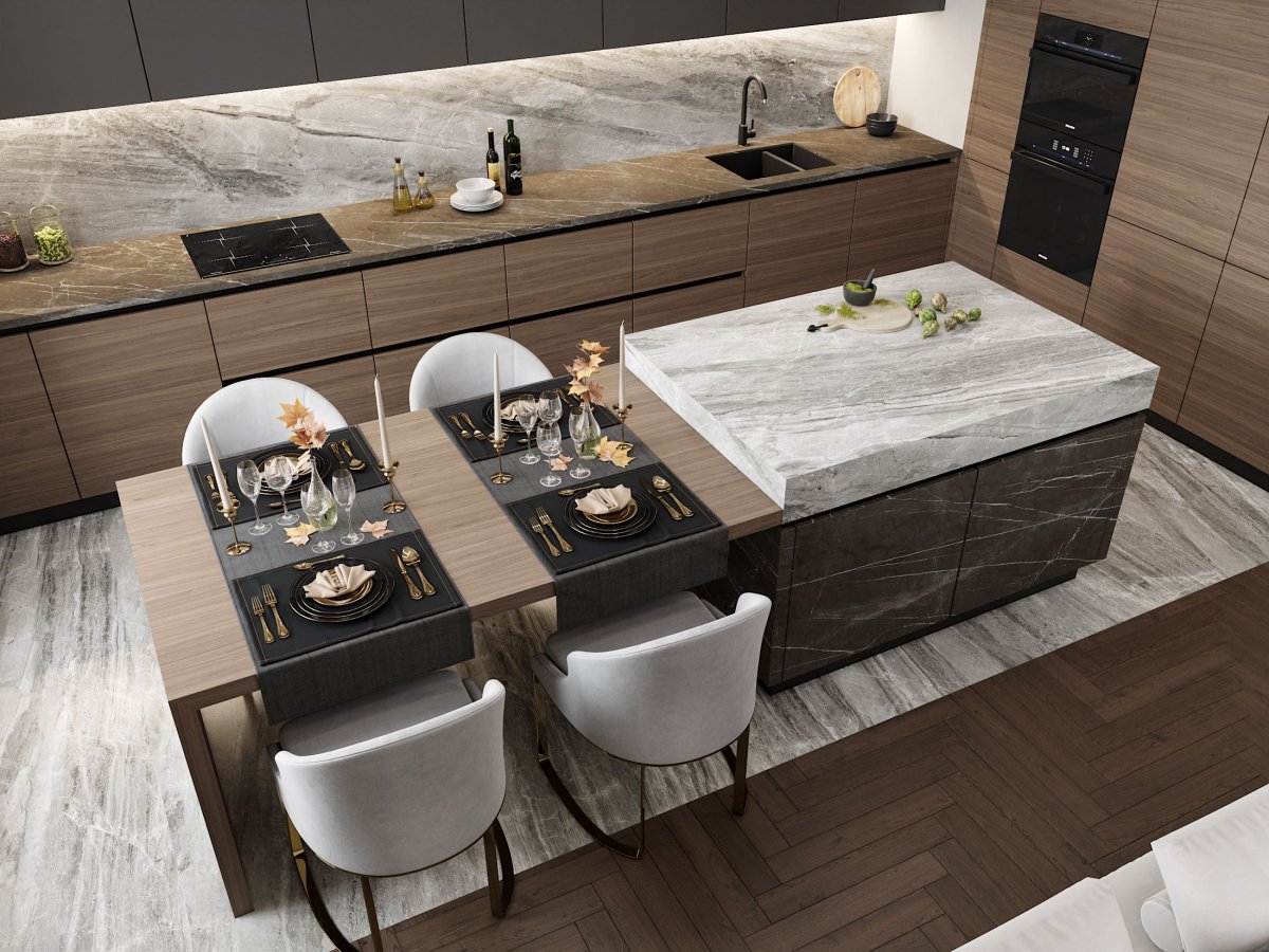 Кухонный остров с приставным столом