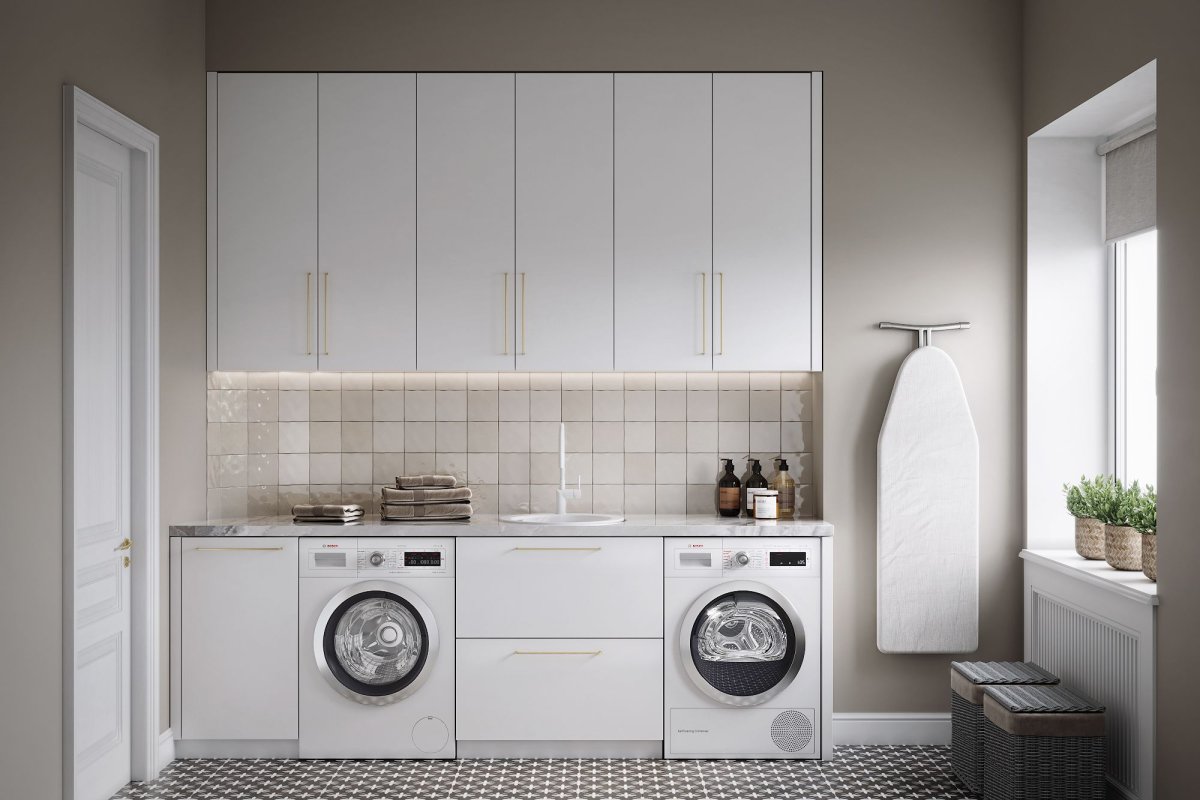 Серая стиральная машина в интерьере