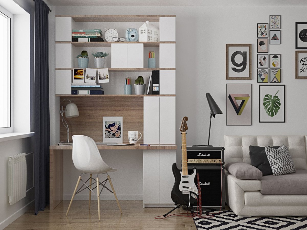 Гостиная в скандинавском стиле с рабочей зоной