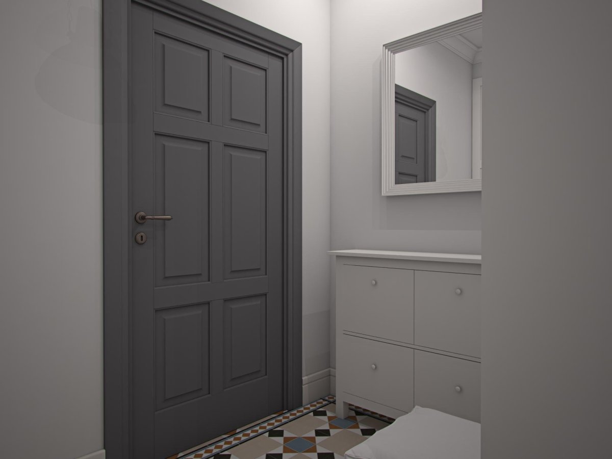 Белые двери в сером интерьере