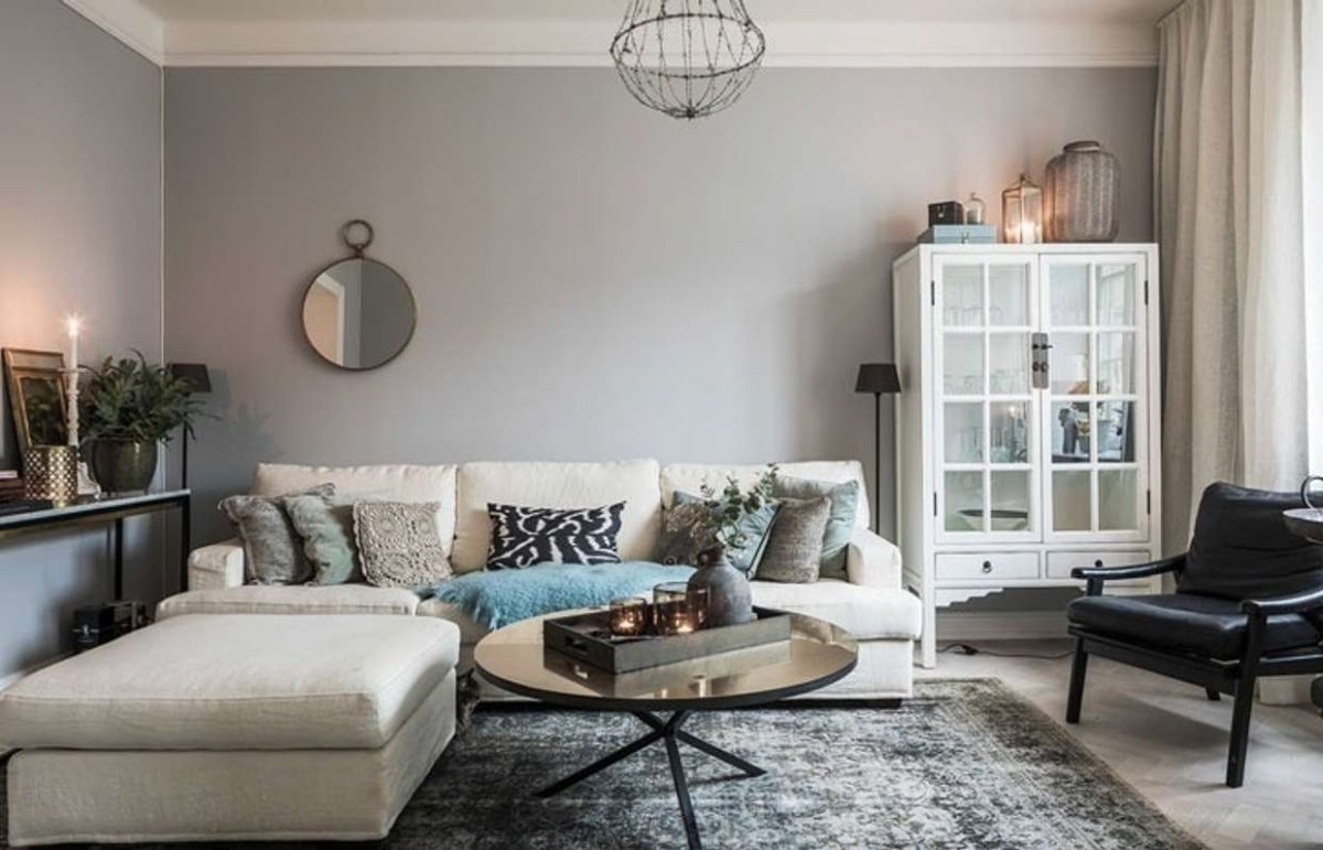 Бежево серая гостиная в скандинавском стиле