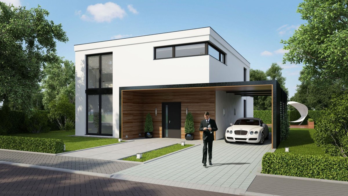 Дом с плоской крышей и навесом для машины